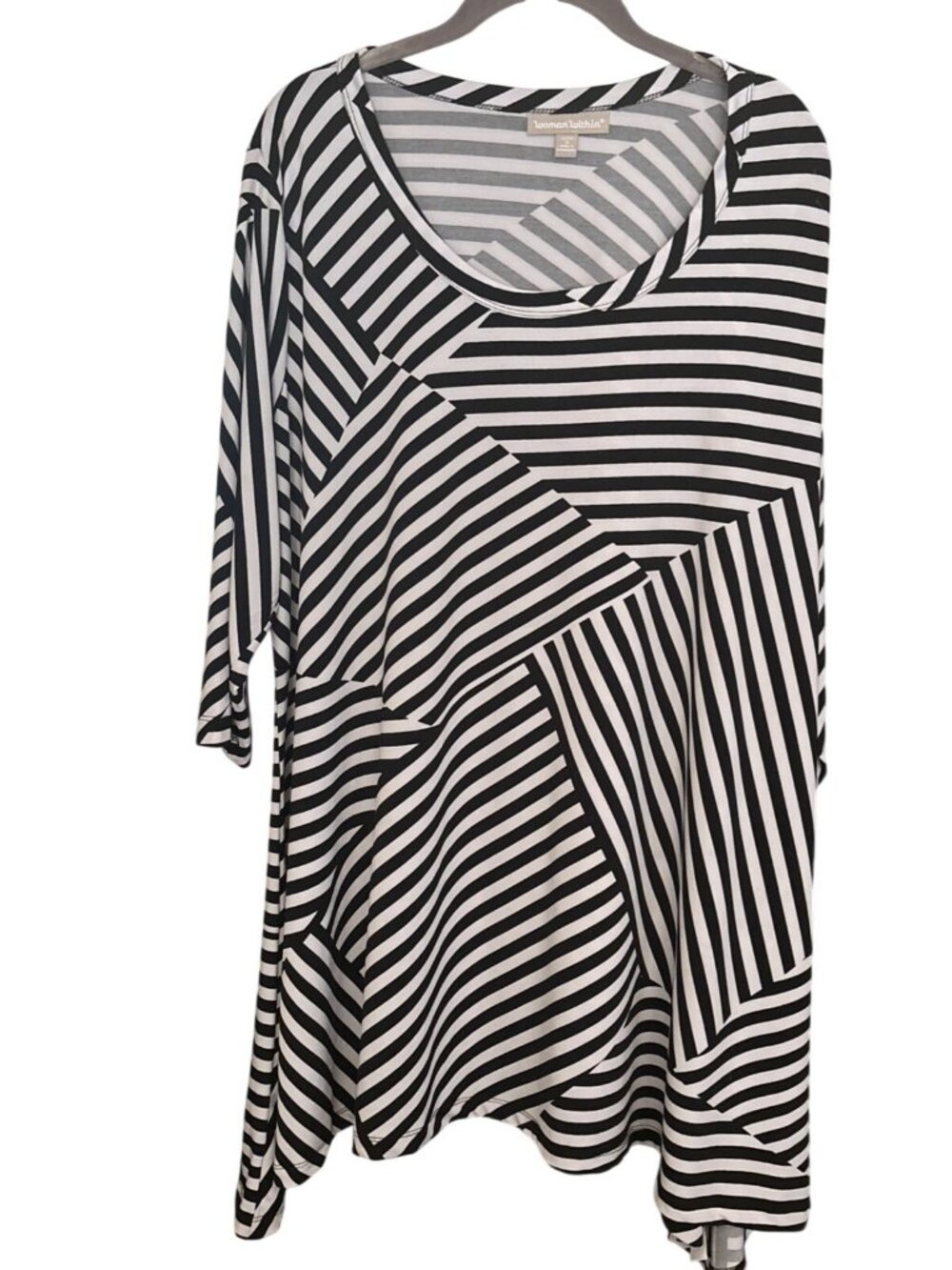 WOMAN WITHIN Women’s Tunic Top 1X  22/24 Black White Stripe 3/4 Slvs Stretch FUN